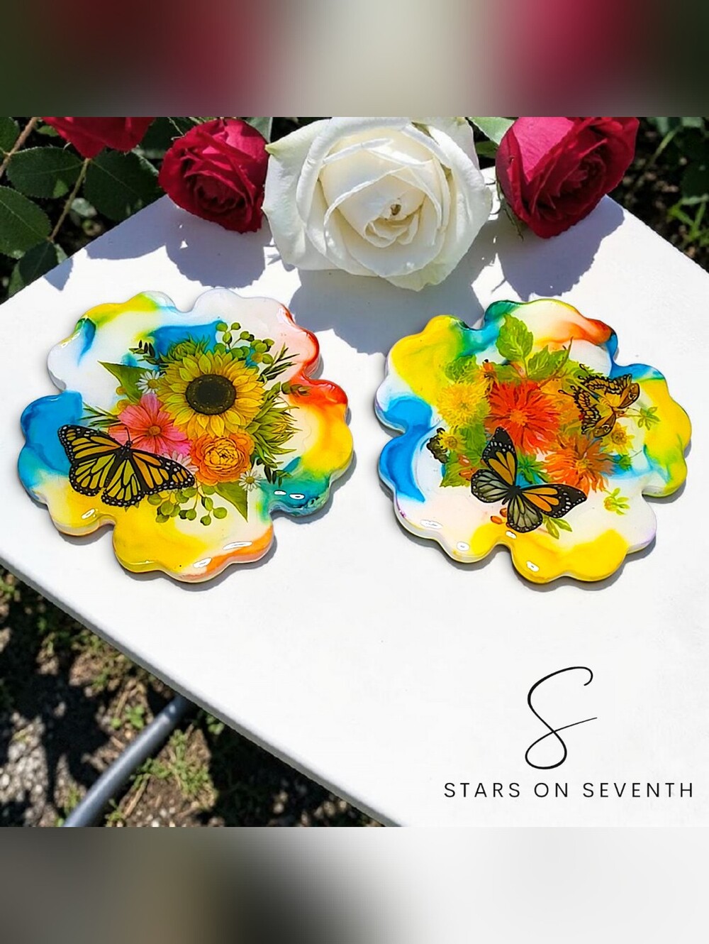 (2) 3-Inch Ceramic Resin Coasters | Sunflower & Butterfly